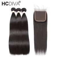 Cheveux raides péruviens pré-colorés avec fermeture Remy cheveux humains tisse 3 faisceaux avec fermeture couleur noire naturelle HCDIVA Hair253W