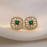 Stud Earrings Green Rhinestone Square For Women Korean 2023 Fashion Elegant Female Trendy Delicate Ear Studs Gift