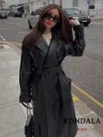 女性用トレンチコートコンダラビンテージソリッドブラックY2Kレザーロングウィメンベルトスリーブクールなストリートウェアアウトウェアファッション2023ジャケット