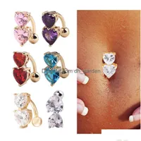 Navel Bell Button Rings 6 Colors Reverse Crystal Bar Belly Ring Gold Body Piercing Two Heart Pierce Jewelry Drop Delivery Dhgarden Dha4R