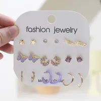S3503 Fashion Jewelry Stud Earrings Set For Women Letters Butterfly Stars Rhinestones Earrings 9pairs set