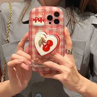 Cell Phone Cases Vintage Korean Cute White Love Heart Bracket Red Check Cherry Case iPhone 14 13 12 11 Pro Max Kawaii Shockproof Soft Cover Funda J230310