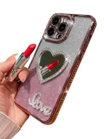 Luxury Glitter Gradient Hingestone Phone Doy With Love Heart Makeup Mirror pour iPhone 14 Pro Max 13 12 11 XS XR 8 7 Fashion Ladies Diamond Diamant Cover Shockproof Anti Drop