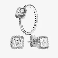 Wedding Ring & Earring sets authentic 925 Silver Jewelry for Pandora Square CZ diamond elegant Rings Stud Earrings with Original b233n