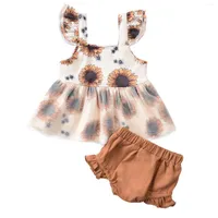 Clothing Sets Born Infant Baby Girl 2Pcs Summer Fashion Set Off Shoulder Sunflower Lace Patchwork Top Shorts 0-12M