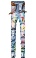 Splattered Ink Colorful Printing Ripped Patch Men039s Jeans Small Straight Slim Microelastic Trendy Pants For Male Pantalons P2254640