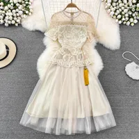 Mesh Flower Embroidery Princess Casual Dresses Beige Short Sleeve Patchwork Tassel Pendant Party Midi Women Clothing Vestidos 2023