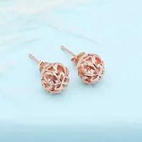 Stud Earrings 585 Purple Gold Plated 14k Rose Openwork Geometric Flower Circle Bead For Women Classic Small Charm Jewelry Gift