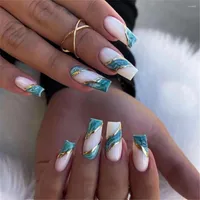 False Nails Fahion Green Blooming With Gold Lines Design French Coffin Fake Nail Tips Set Press On Long Ballerina Manicure