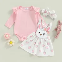 Clothing Sets Born Infant Baby Girls Clothes Set Ruffle Long Sleeves Romper And Cute Cartoon Suspender Skirt Headband Outfit