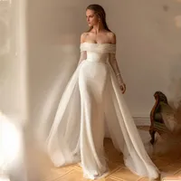Bling Sequined Mermaid Wedding Dresses 2023 Off The Shoulder Full Sleeves Bridal Gowns Detachable Train Robe De Mariee Women New Vestido De Renda Estilo Sereia