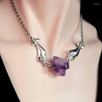 Chains 24pcs lot Hand Of God Alloy Necklace Natural Raw Stone Amethysts Crystal Choker Energy Jewelry Bulk Items Wholesale For Business