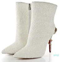 Full Glossy White Pearl Ankle Boots Crystal Gold Snake Twined High Heels Pointed Toe Woman Winter Plush Short Wedding Boots246C