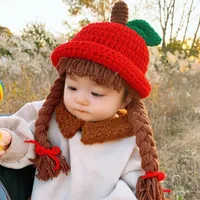 Caps Hats Arrivals Cute Baby Girl Bucket Hat Hair Pigtail Braid Wig Cap Winter Warm Knitted Children Kids Girls Hats Caps Accessories 230313