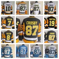 Pittsburgh''Penguins''New Retro Ice Hockey Jerseys 87 Sidney Crosby 7 Joe Mullen 8 Mark Recchi 10 Ron Francis 19 Bryan Trottier Jersey