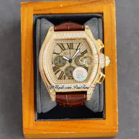 TWF Tortue XL Miyota Quartz Chronograph Mens Watch 18K Yellow Gold Paved Diamonds Dial Black Roman Brown Leather Stopwatch Je3271