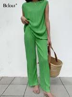 Women's Two Piece Pants Bclout Summer Green Pleated Pants Set Womens 2 Pieces Outfits Elegant O-Neck Sleeveless Top Elastic Waist Pants Suits Woman 2022 L230314