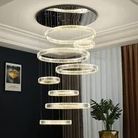 Modern LED Crytal Ring Large Chandelier For Duplex Villa Hollow Spiral Staircase Luxury Stainless Steel Long Pendant Lamps 3 Colors Changeable Hanging Lights