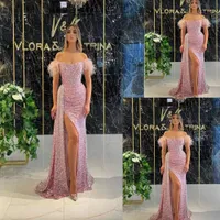 luxury Mermaid Long Prom Dresses 2023 rosa gold African Black Girl Long feather Sparkly Sequin Lace designer Party Evening Dress mother of bride dresses