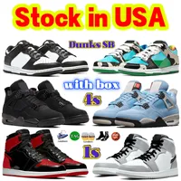 1S 4S Баскетбольная обувь с коробкой мужчина женские кроссовки Dunkes Stock на местном складе 1 4 Mens Sport Shoes Low с черной пандой SB OG Mens Designer Trainers