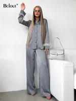 Women's Two Piece Pants Bclout Elegant Gray Satin Pants Suit Woman 2022 Fashion Long Sleeve Feather Blouses Loose Long Pants 2 Piece Sets Womens Outfits L230314