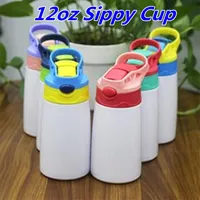 12oz Sublimation Sippy Mugs 304 Stainless Steel Kid Tumbler Insulated Vacuum Coffee Cup Travel with Straw Lid DIY Bottles