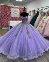 고급 보라색 얇은 명주 볼 가운 Quinceanera Dresses 2023 Beaded Birthday Prom Dreess Appliques Girl Squined Lace Up Back