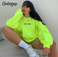 Darlingaga Streetwear Loose Neon Sorto Verde Letra Mulheres Pullover Cartão Impresso Casual Swetons Swodies Capuzes Kpop T28119120