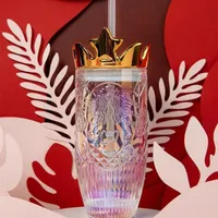 Nowy Starbucks Valentine's Dazzle Color Crown Glass Straw Cup 430 ml Relief Mermaid Logo kubek 18 uncji lodu Cup278o