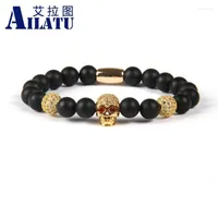 Strand Beaded Strands Ailatu Powerful Jewelry Wholesale 8mm Quality Matte Onyx Stone Beads With Exquisite Micro Inlay White Cz Skull