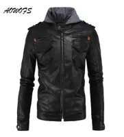 Whole AOWOFS Hooded Leather Jackets Men Safari Coats Black Moto Leather Jackets with Hood Hip Hop Fashion Male Leather Jacket2046840