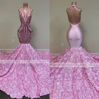 Pink Long Prom Dresses Mermaid 2023 Black Girls Sequin Sexig backless grimma 3D Flowers African Women Formal Evening Party Gowns BC15100 GJ0315