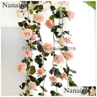 Flores decorativas grinaldas 180 cm de alta qualidade rosas de seda falsa videira artificial com folhas verdes para decoração em casa h dhai9