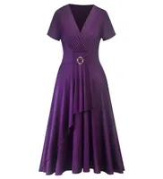 Elegante jurken voor dames goedkope plus size jurken van middelbare leeftijd vrouwen mode F0638 paarse zwarte kleuren met taille knop8653061