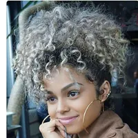 Grey Hair Drawstring Ponytail Kinky Curly Afro Clip on Updo Chignon Bun Hair Piece Extensions for African American Women Medium Si290W