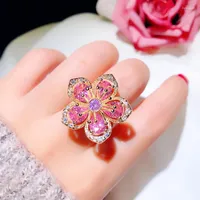 Cluster Rings 925 For Women Super Flash Pink Cherry Blossoms Open Ring Peach Blossom Index Finger Anel Fine Jewelry Bijoux Femme