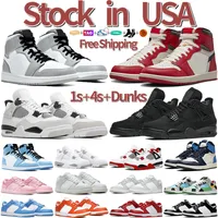 US Stock SB Low 1 4 basketskor Lokala lager män Kvinnränare Black White Chicago Unc Dunks 1S 4S OG Designer Shoe Sports Sneakers Fast Shipping Delivery Delivery