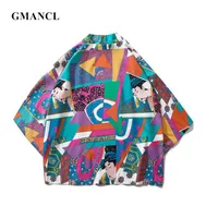 GMancl Männer Japanischer Stil Geisha Geometrisch gedruckter Strickjacken Kimono Jacken Model Streetwear Hip Hop männlicher Mantel Außenbekleidung 66555553