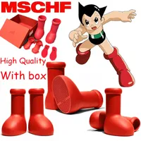 Box MSCHF Boots 남성 여성 레인 부츠 고품질 큰 레드 부츠 두꺼운 바닥 부츠 부티 고무 플랫폼 부트리 패션 Astro Boy GW4 크기 35-48