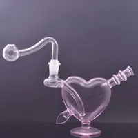 Hot Selling Glass Oil Burner Bong Heart Shape Love Pink Customizable DAB Rig Water Pipe 10mm Joint Recyclaer Ashcatcher Bong with Male Glass Oil Burner Pipe