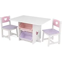 Kidkraft trä hjärtbordstol set med 4 förvaringsfack barn möbler rosa lila vit gåva för åldrarna 3 8 läger