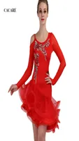 라틴 댄스 드레스 여성 라틴 댄스 대회 드레스 플래퍼 드레스 삼바 저렴한 D0470 푹신한 깎아 지른 밑단 그물 긴 소매 라인 스톤 8250133