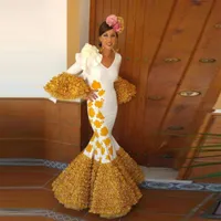 Witte en gouden prom -jurken Saoedi -Arabië trompet lange mouwen ruches rok trajes de flamenca avond gelegenheid jurk