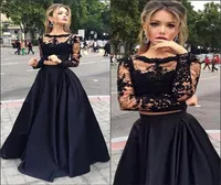 Formal Evening Dresses 2019 Black Cheap Two Pieces Prom Dresses Long With Sleeves A Line Sexy Crew lace Evening Dresses4667229