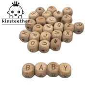 Wooden Teething Accessories 100pc 12mm Square Shape Beech Wood Letter Beads DIY Jewelry Alphabet Baby Teether 2201086412223