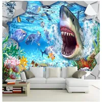 Custom 3D Silk Po Mural Wallpaper 3D Shark Underwater World Children's Room Cartoon Background Mural Wall Sticker Papel de187b