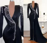 New Long Sleeve V-neck prom dress Elegant High Slit Women Formal Gowns Black Satin Pearls African Evening Dresses