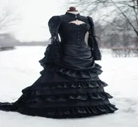Vintage Victoriaanse trouwjurk zwarte drukte historische middeleeuwse gotische bruidsjurken hoge nek lange mouwen corset winter cosplay 8478214