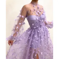 Sıradan elbiseler zarif elbise mor örgü dikiş seksi ince içi boş yarık vestido con tul lilac robe de soire mariage cüppeli kokteyl