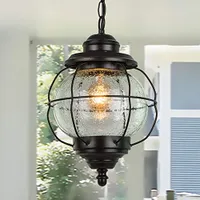 LALUZ Outdoor Pendant Lights, Farmhouse Ceiling Hanging Porch Fixture in Black Metal with Clear Bubbled Glass Globe in Iron Cage Frame, Exterior Lantern